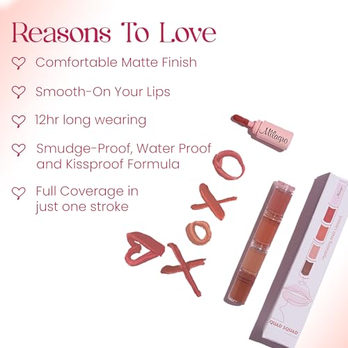 Milagro Beauty Quad Squad 1.0, Matte Liquid Lipstick 4 Shades In 1, Intense Color, Long-Lasting, Moisturizing & Non-Drying, Smudge-Proof & Waterproof (4Ml)