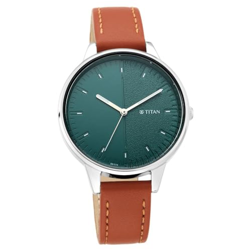 Titan Workwear Quartz Analog Teal Green Dial Tan Leather Strap Watch for Women - 2648SL01