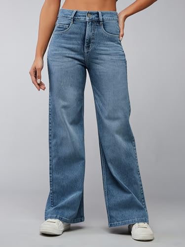Dolce Crudo Women's Wide-Leg High Rise Regular Length Stretchable Shaping Denim Jeans (DOSS24DEN12-92-471-28, Cloud Blue, 28)
