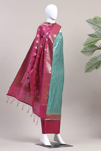 BIBA Women Rama Green Chanderi Unstitched Suit Set_FREE SIZE