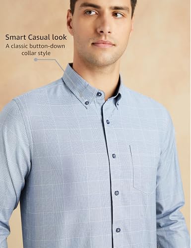Symbol Premium Men's Stylish Checkered Buttondown Casual Shirt - Regular Fit | Plain | Full Sleeve | Cotton Semi Formal Wear (Available in Plus Size) (SP-M-S24-CS-105_Denim Blue_5XL)