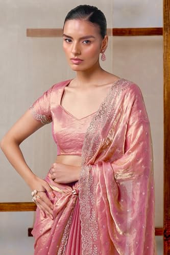 Soch Womens Peach Fendy Organza Embellished Saree With Stone Work