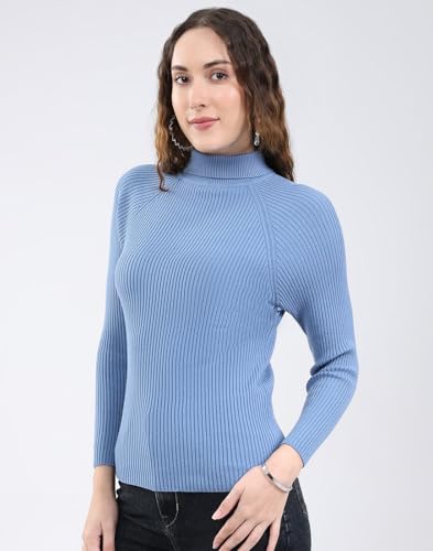 Monte Carlo Women's Regular Fit Solid T Neck Full Sleeve Sceavy| Warm Woolen Sweater for Ladies | Stylish Body Fit Knitwear | Soft Comfortable Winter Wear Top Blue 3XL