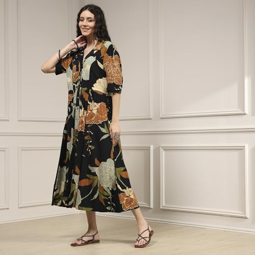 Biba Women Black Viscose Rayon Straight Printed Dress_40