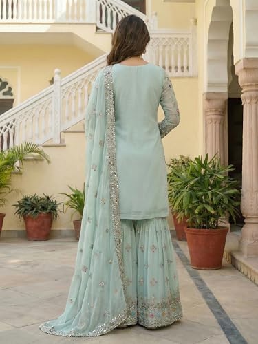 Leeli Peeri Designer Women's Faux Georgette Embroidery Kurta Sharara Set With Dupatta