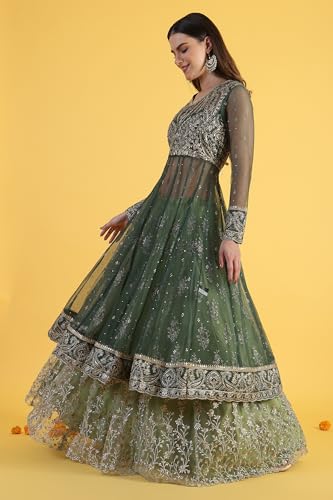 Wishful Women's Green Metallic Embroidery Mesh Flared Kurta & Skirt with Dupatta Set (Size: 3XL)-24AUSP11985-125144