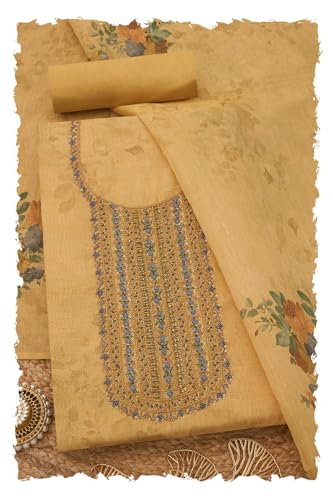 Soch Womens Mustard Linen Shimmer Floral Print Unstitch Dress Material With Cutdana