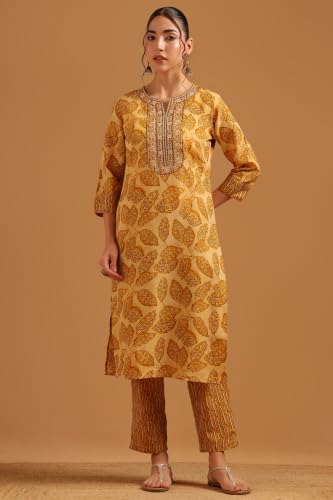 Soch Womens Mustard Cotton Blend Digital Printed Botanical Block Print Salwar Suit