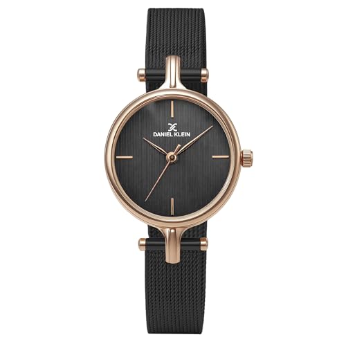 Daniel Klein Analog Black Round Dial Rose Gold Case Black Mesh Strap Water-Resistant Wrist Watch for Women Girls, Ladies DK11914-3
