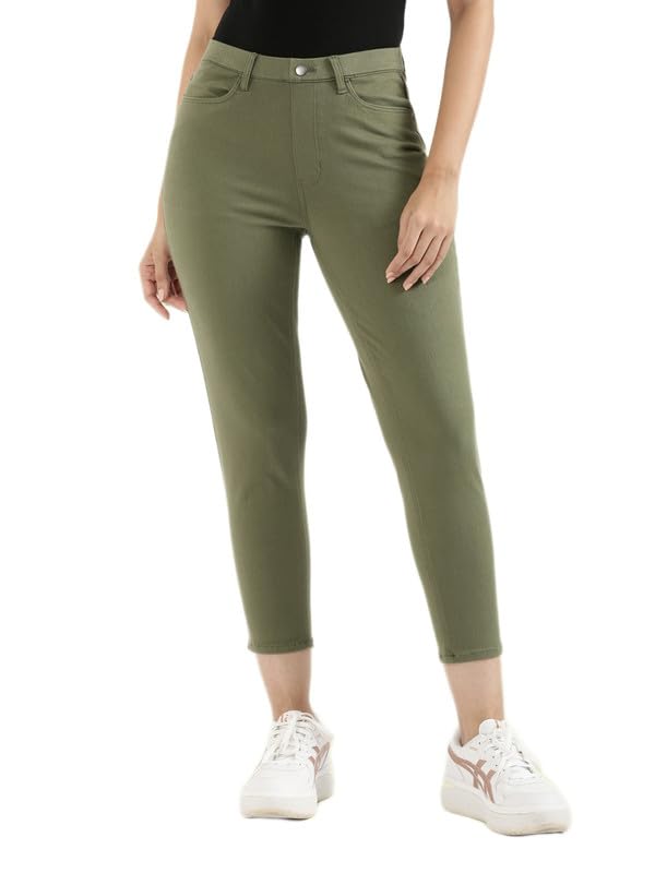GO COLORS Soft Cotton Stretch Jeggings 7-8th Length for Women| Breathable, Mid Rise, Olive