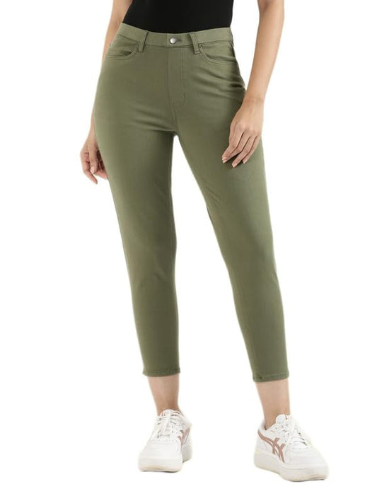 GO COLORS Soft Cotton Stretch Jeggings 7-8th Length for Women| Breathable, Mid Rise, Olive