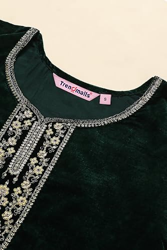TRENDMALLS Women's Velvet Embroidery Salwar Suit Set Kurta Pant with Dupatta (G234-Green-XXL)