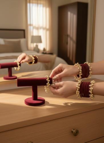 EA'S ACCESSORIZE Women’s Traditional Bangle Set 24 Pcs | 18 Aluminium Bangles, 4 Kashmiri Bangles & 2 Big Ghungroo Bangles | Maroon & Gold Stone Work Ethnic Bangles for Women, 2.4