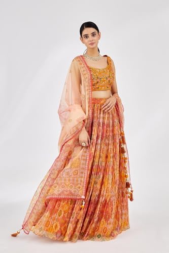 AG Clothing Women's Organza Semi Stitched Lehenga Choli With Dupatta | Digital Print With Creaz Pattern | Traditional, Wedding, Ethnic Wear Lehenga (ZC-MAndAKINI-Vol2i-121-Yellow)