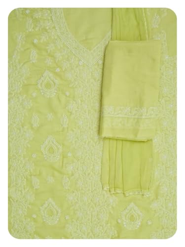 Ada Hand Embroidered Lucknowi Chikankari Unstitched Cotton Dress Material Suit Piece with Dupatta for Women 01A869268 Lime Green