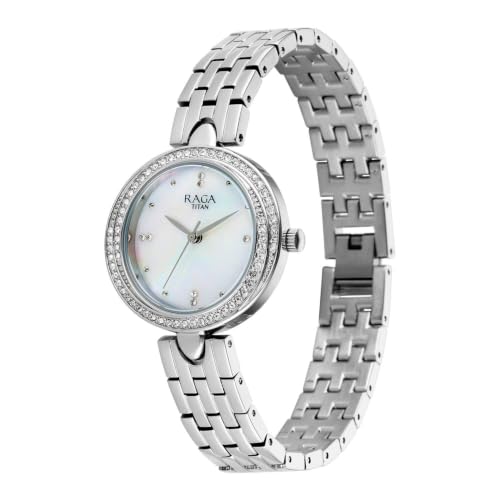 Titan Raga Showstopper 5.0 Quartz 3 Hands Round White MOP Dial, Silver Strap Watch for Women - 95463SM01