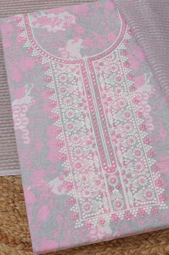 Soch Womens Pink Cotton Floral Dress Material With Machine Embroidery and Thread Work
