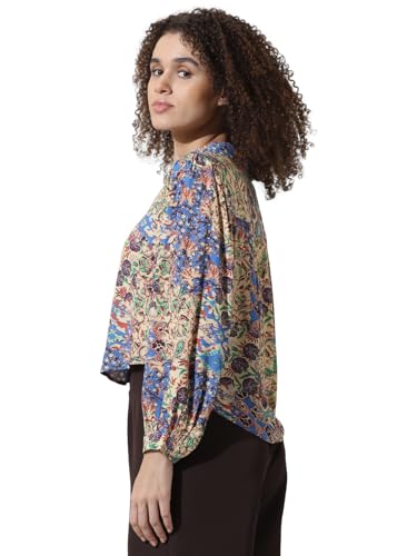 ONLY Women Printed Viscose Crop Length Blue Shirt
