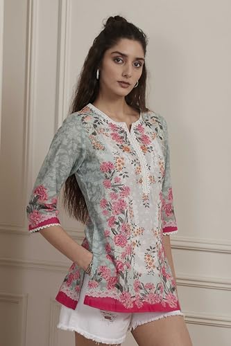 Biba Women Blue Cotton Printed Straight Short Kurta_42