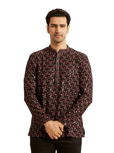 Manyavar Men's Viscose Chikan Embroidery Short Kurta (Black,L)