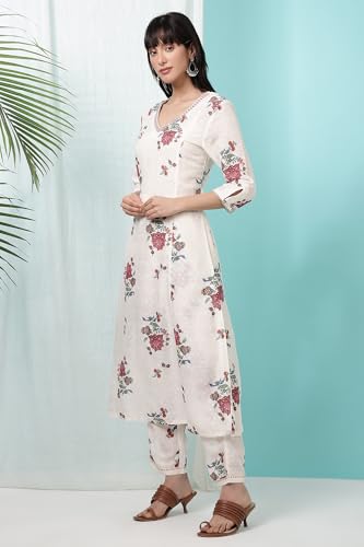 W for Woman White Floral Printed Textured Dobby A-line Kurta and Pants Co-ord Set (Size: 2XL)-WS12256-124240