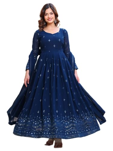 Fashion Basket Women's Georgette Anarkali Lond Dress with Duptta Turquoise