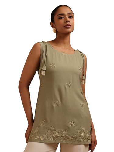 Soch Womens Sap Green Rayon Floral Embroidered Tunic