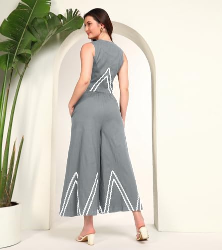 DEEBACO Women's Solid Lycra Ankle Length Waist Coat with Palazzo|V-Neck|Cord Set for Women Fashion|Long Jumpsuits Western Dress for Women Stylish|Two Piece Co ord Set|Casual Wear(DBCO00002276_XL_Grey)