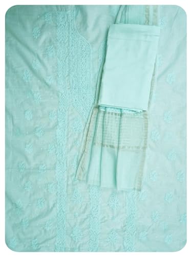 Ada Hand Embroidered Lucknowi Chikankari Unstitched Chanderi Dress Material Suit Piece with Dupatta for Women with Pearl Work 01A937473 Light Turquoise
