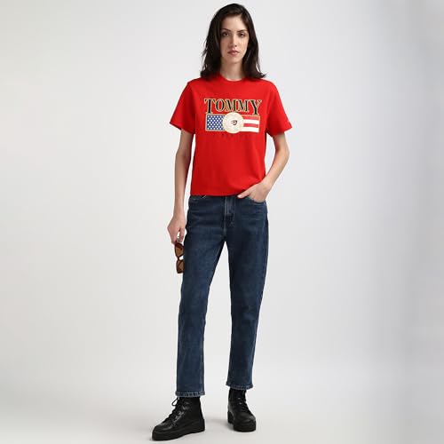 Tommy Hilfiger Women Red Printed Cotton Short Sleeve T-Shirt