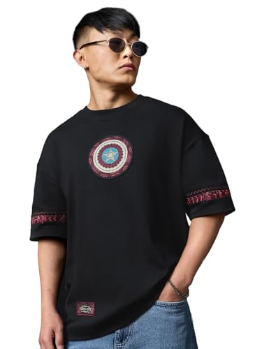 The Souled Store Captain America: Indie Shield Men and Boys Short Sleeves Round Neck Black Embroidered Casual Lightweight Drop Shoulder Streetwear Trendy Oversized T-Shirt