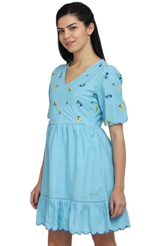 Allen Solly Women's Cotton Asymmetrical Mid-Thigh Length Dress (AHDRCRGBG05210_Blue