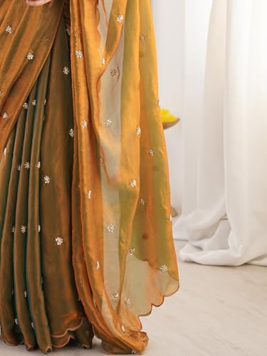 AKHILAM Women's Shimmer Gold Soft Fandy Silk Saree With Hand Work Embroidered Saree With Unstitched Blouse peice