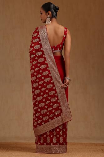 Soch Womens Red Georgette Embroidered Saree With Stone Work