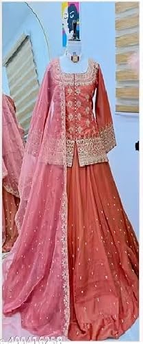 TILKI FASHION Kurti With lehenga And Dupatta Set Bollywood Style Embroidery lehenga Choli Set For Woman (CHINGARI ORANGE, Large)