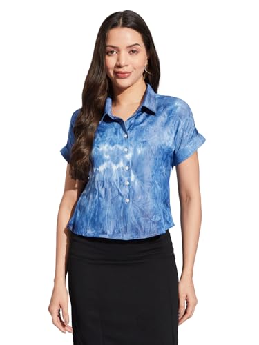 Latin Quarters Women Blue Collared Short Sleeve Tie & Dye Shirt Blouse for Casual Wear_S