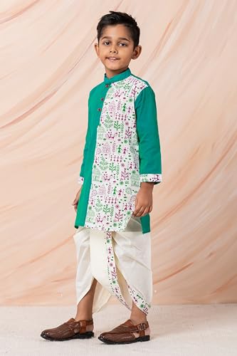 PEKABU Kids Ethnic Wear – Stylish Half Printed & Vibrant Color Pure Cotton Kurta with Elastic Waist Dhoti Set for Boys (Green, 12-18 Months)