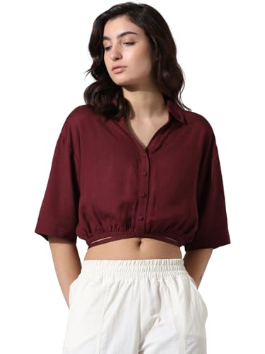 ONLY Women Solid Linen Crop Length Maroon Shirt