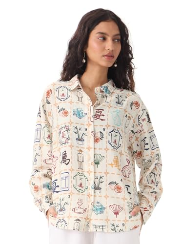 The Souled Store Textured Shirt: Mahjong Tiles Women and Girls Long Sleeves Collared Neck Button Front Beige All Over Printed Oversized Fit Cotton Boyfriend Shirts