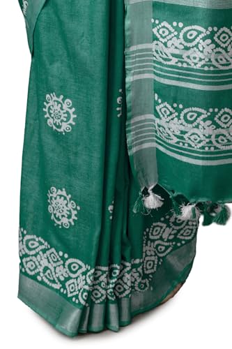 Soch Womens Turquoise Blue Linen Batik Print Sarees With Tassels