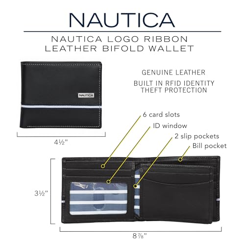 Nautica Men's Bifold Leather Wallet | RFID Blocking | ID Window | Card Slots | Organization | Durable | Stylish, Logo Ribbon - Black, One Size, Bifold Leather Wallet | Rfid Blocking | Id Window | Card
