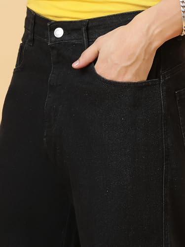 KOTTY Men's Solid Mid Rise Straight Fit Stylish Looking Cargo Jeans(Black,30)