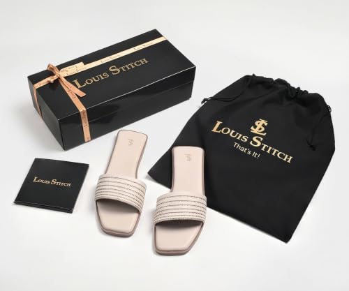 LOUIS STITCH Women’s Pearl White Elegant Flat Sandals with Rhinestone Studded Straps | The Embellished Series | Luxury Comfort Slip-On Flats for Women | Perfect for Travel, Casual & Daily Wear | LSLD-FL05-GD | UK-5