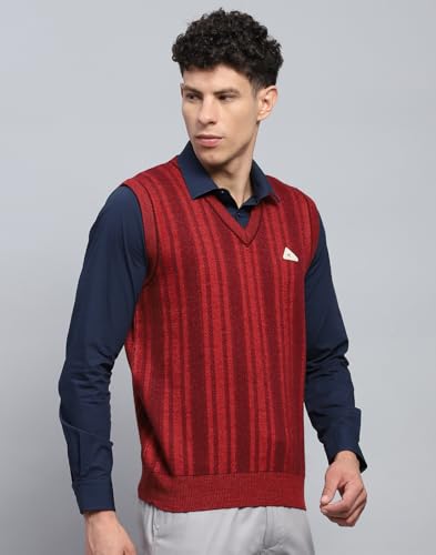 Monte Carlo Mens Self Design Maroon V Neck Sleeveless Sweater (1243212SL-2-38)