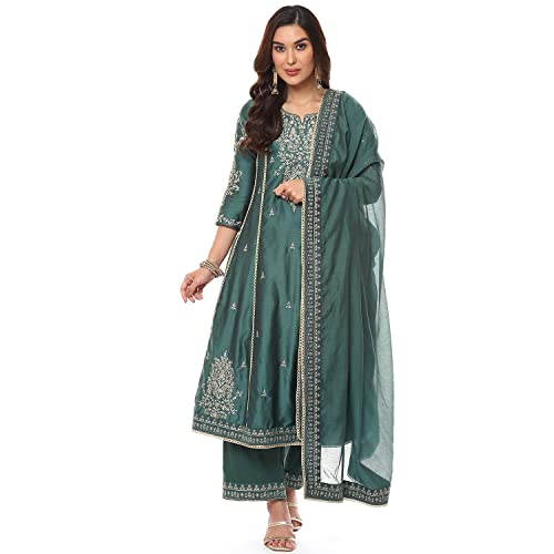 BIBA WOMEN EMBROIDERY STRAIGHT SALWAR KURTA DUPATTA(SKDKINARI7810_DARK GREEN_32)
