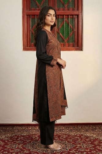 W for Woman Black Ethnic Motifs Woven Design Cotton Blend Straight Kurta with Pant and Dupatta Set - (WS13308-314491-L)