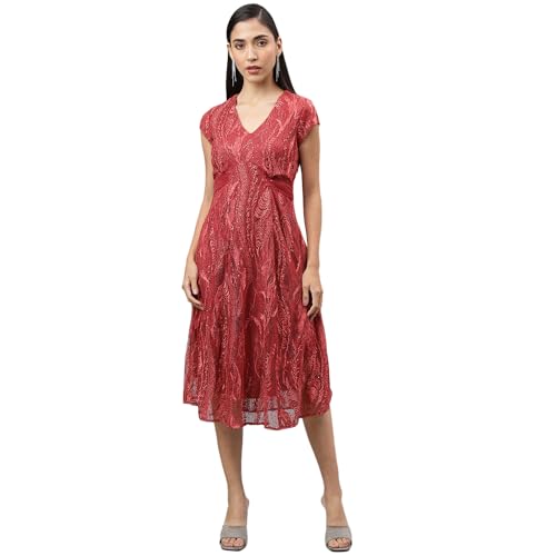 Latin Quarters Women Rose Cap Sleeve V-Neck Women A-Line Dress_M