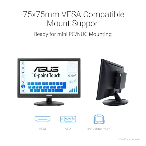 ASUS 15.6" 1080P Touch Monitor (VT169HE) - Full HD, 10-Point Touch Display, IPS, Wide Viewing Angle, Frameless, Eye Care, No Flicker, Low Blue Light, HDMI, Compliance