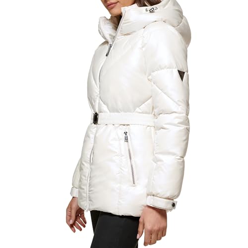 GUESS Women's Hooded Belted Water Resistant Coat, White, S