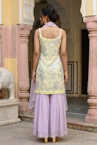 Wishful Women’s Yellow Zari Embroidered Straight Sleeveless Kurta with Cullotes and Dupatta Set - (SP11510-401090-XL)
